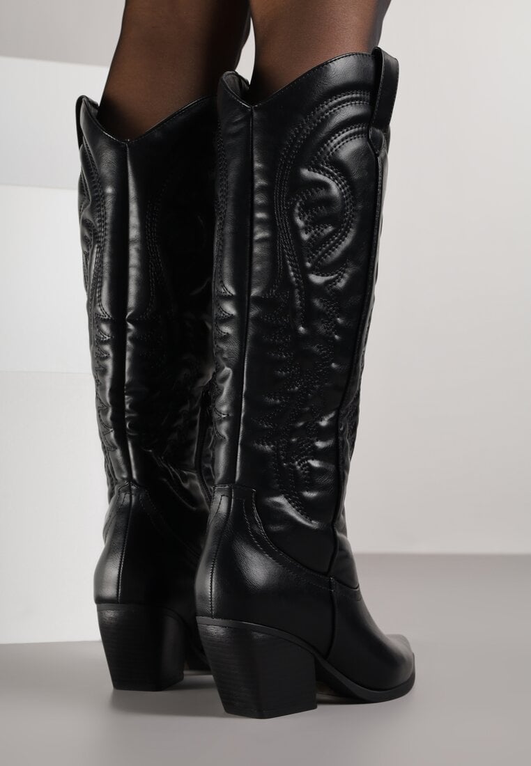 Czarne Kozaki Kowbojki na Stożku z Przeszywanym Wzorem na Cholewce Feressa