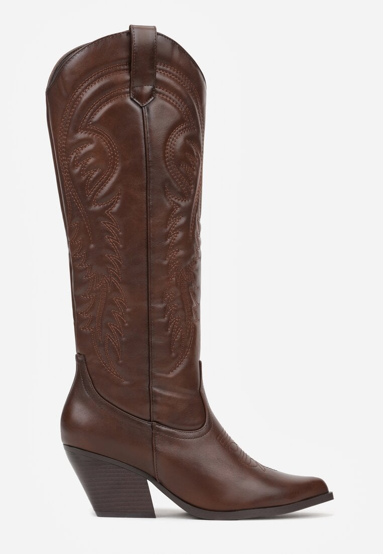 Brązowe Kozaki Kowbojki na Stożku z Przeszywanym Wzorem na Cholewce Feressa