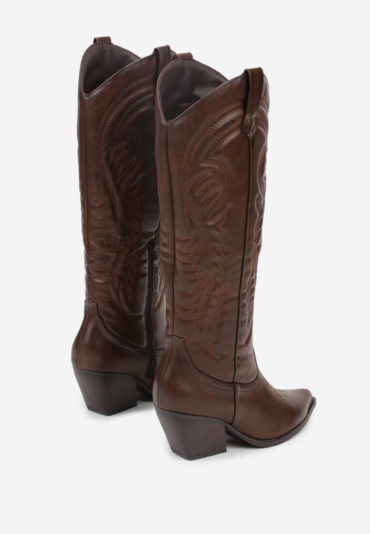 Brązowe Kozaki Kowbojki na Stożku z Przeszywanym Wzorem na Cholewce Feressa