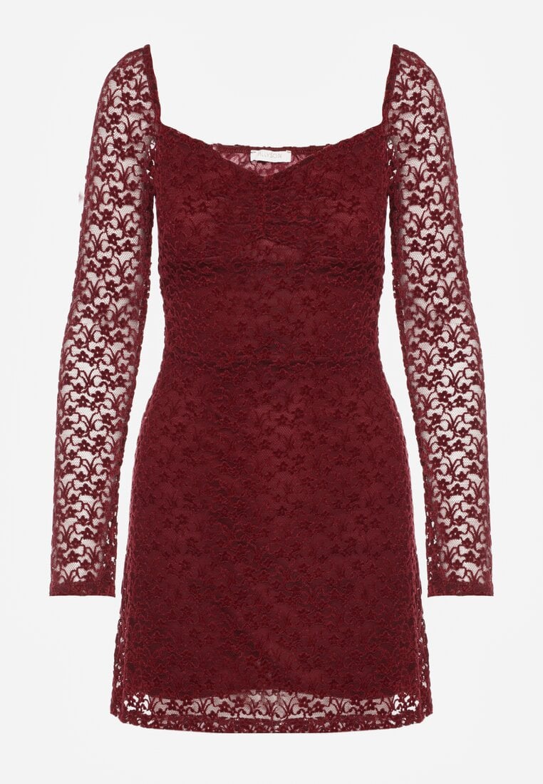 Bordowa Koronkowa Sukienka o Dopasowanym Kroju z Kwadratowym Dekoltem Tiwedesa