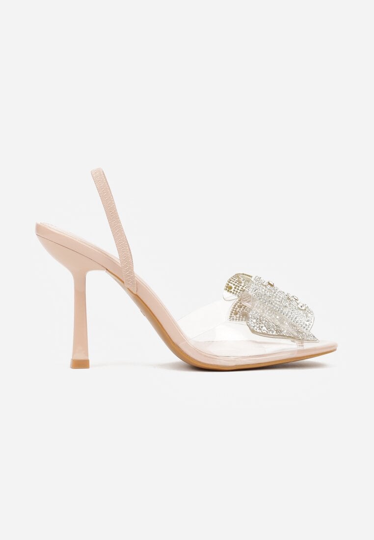 Beżowe Sandały na Szpilce z Transparentnym Paskiem i Kokardką z Cyrkoniami Celesti