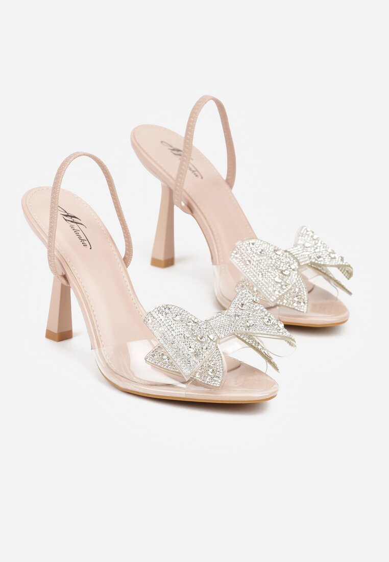 Beżowe Sandały na Szpilce z Transparentnym Paskiem i Kokardką z Cyrkoniami Celesti