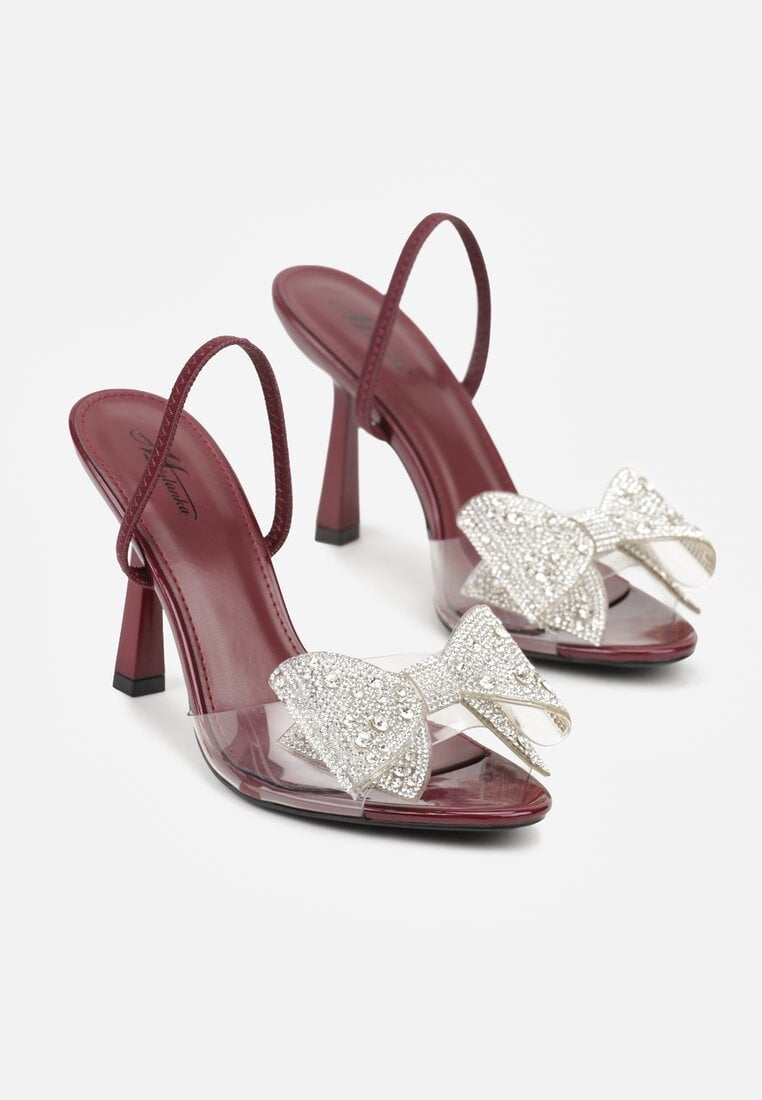 Bordowe Sandały na Szpilce z Transparentnym Paskiem i Kokardką z Cyrkoniami Celesti