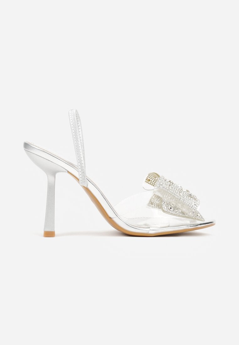 Srebrne Sandały na Szpilce z Transparentnym Paskiem i Kokardką z Cyrkoniami Celesti