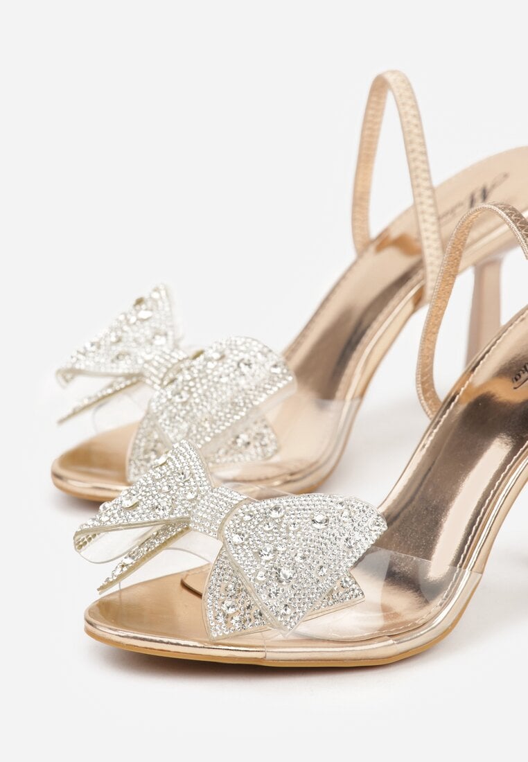 Szampańskie Sandały na Szpilce z Transparentnym Paskiem i Kokardką z Cyrkoniami Celesti