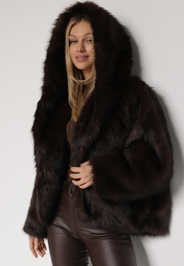 Brązowa Kurtka Futerko z Kapturem i Szerokim Kołnierzem Nalafera