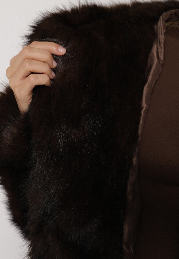 Brązowa Kurtka Futerko z Kapturem i Szerokim Kołnierzem Nalafera