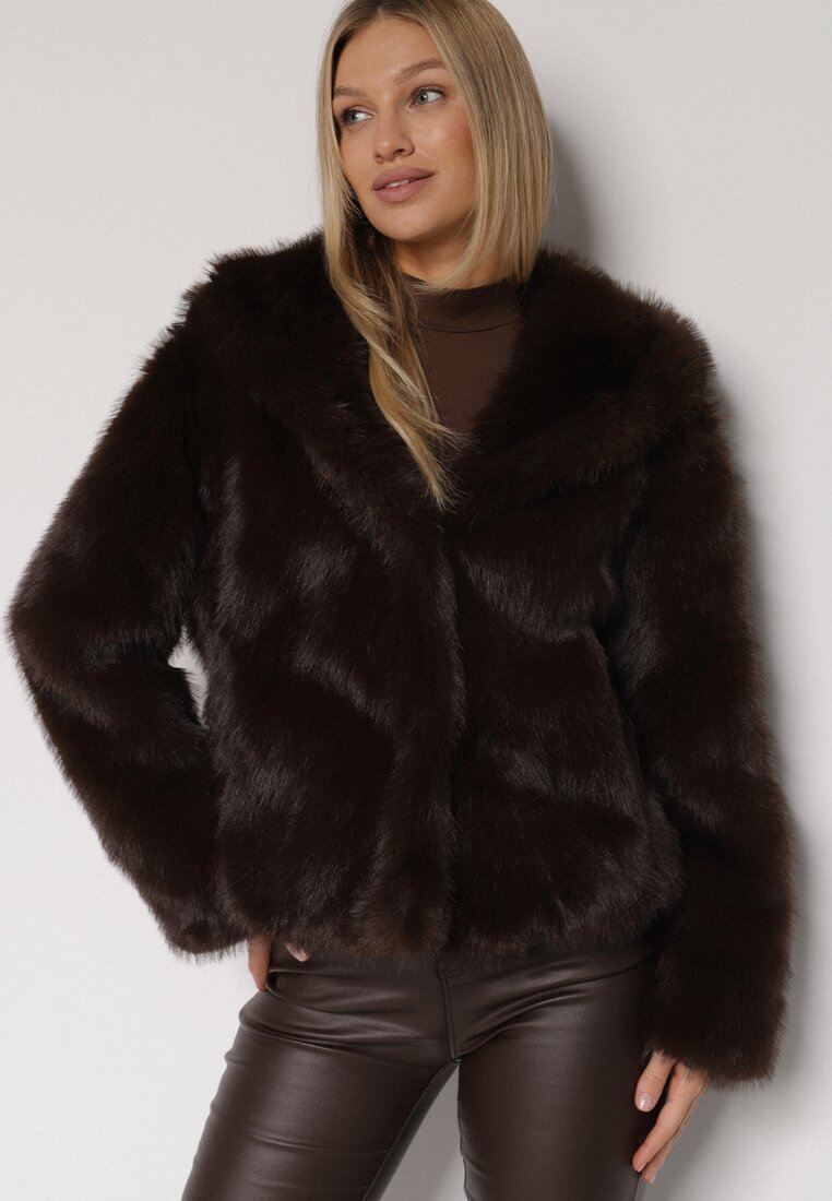 Brązowa Kurtka Futrzana z Nieodpinanym Kapturem Vetirire