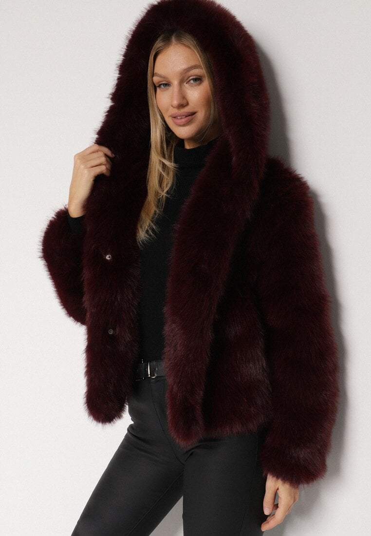 Bordowa Kurtka Futrzana z Nieodpinanym Kapturem Vetirire
