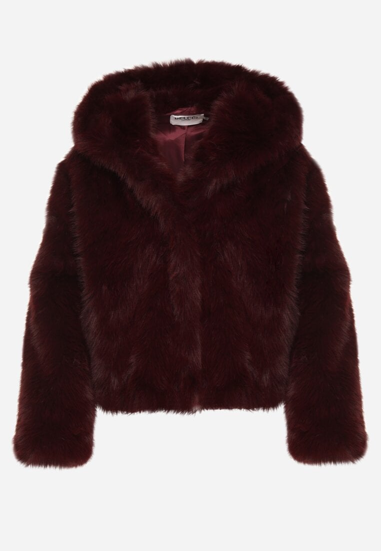 Bordowa Kurtka Futrzana z Nieodpinanym Kapturem Vetirire
