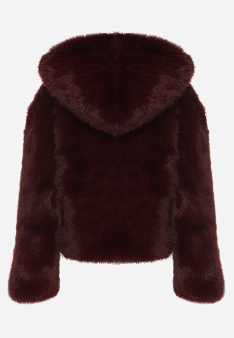 Bordowa Kurtka Futrzana z Nieodpinanym Kapturem Vetirire