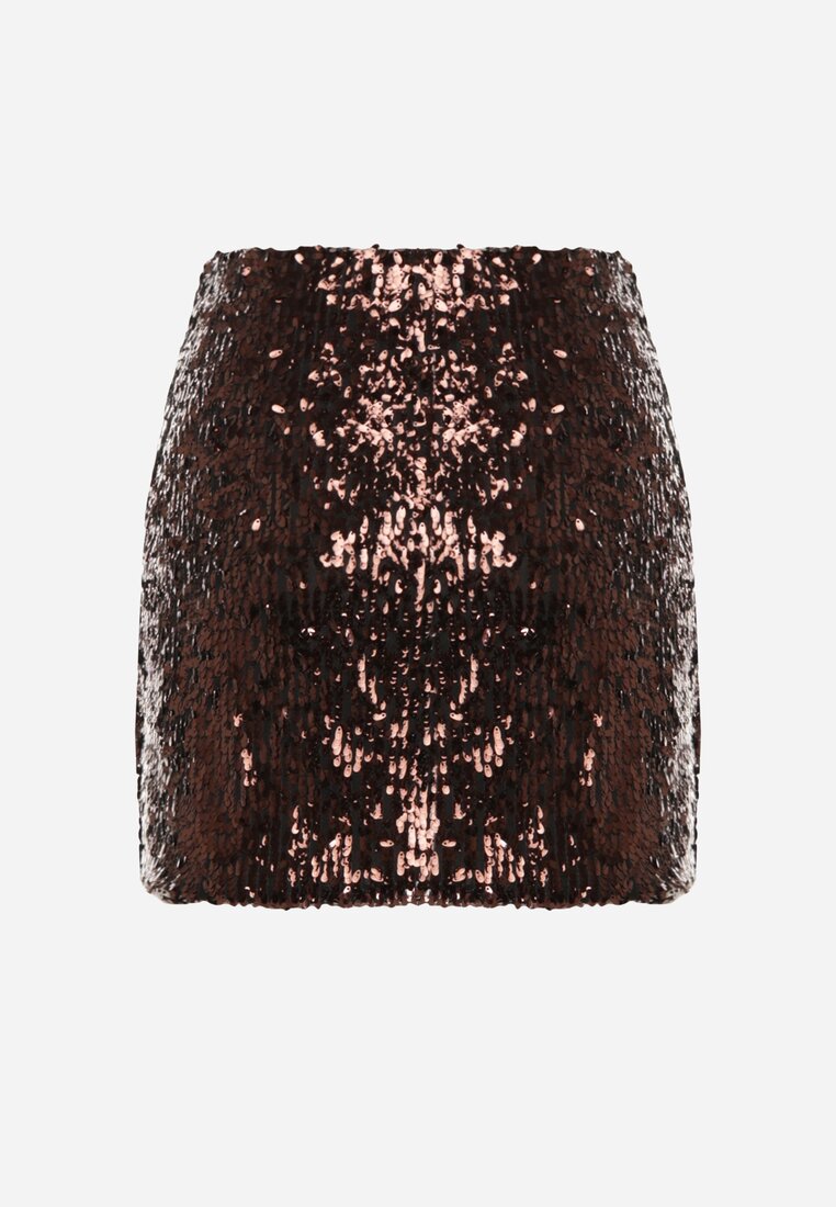 Ciemnobrązowa Spódnica Ozdobiona Cekinami o Dopasowanym Kroju Vetisale