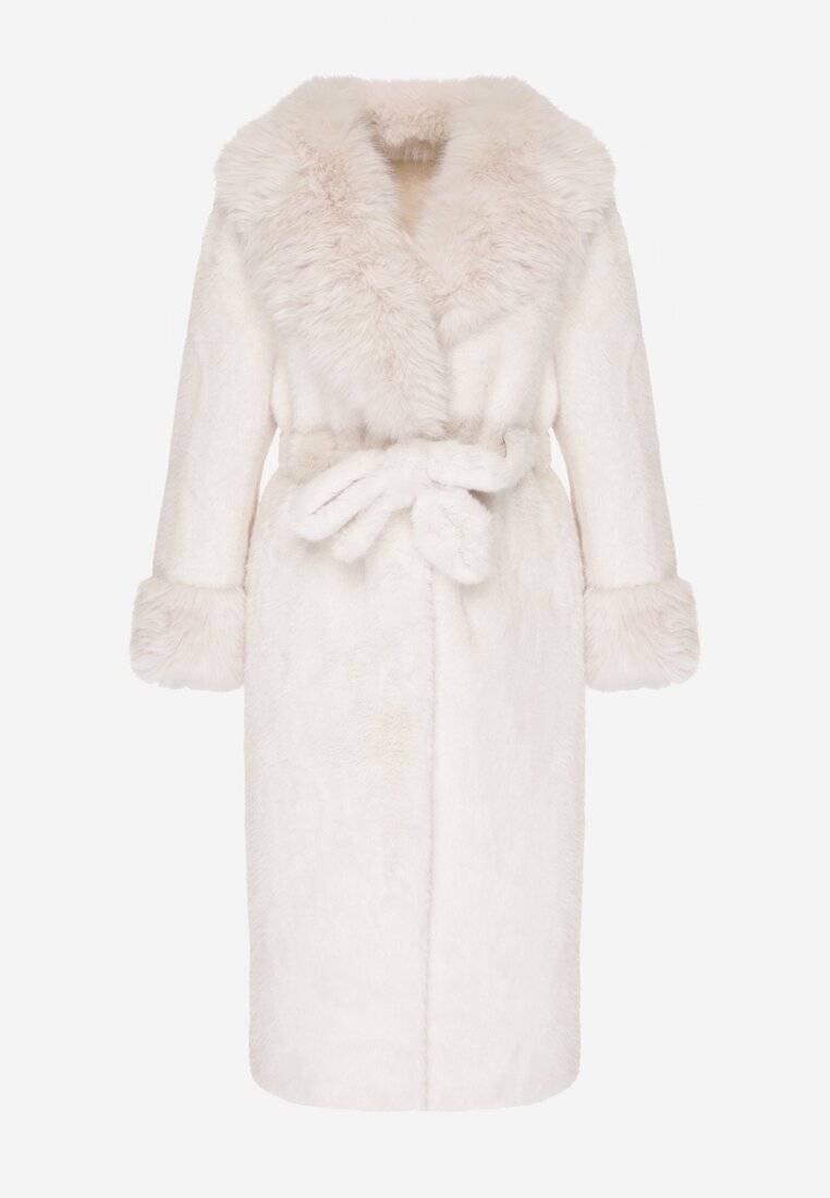 Biały Futerkowy Płaszcz z Szerokim Kołnierzem i Mankietami z Wiązanym Paskiem Viaruna