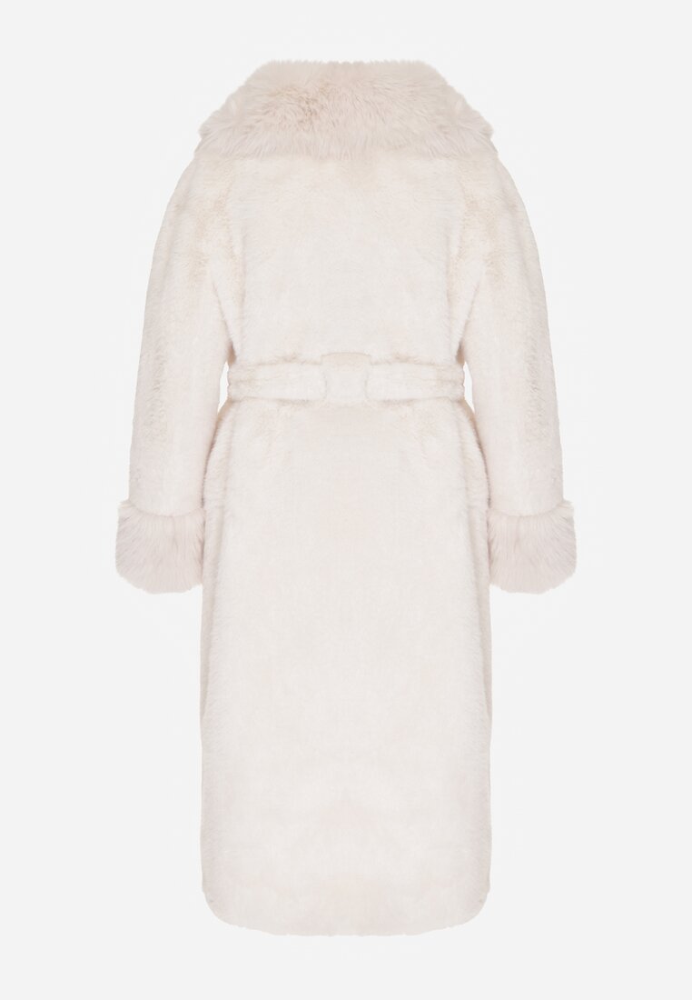 Biały Futerkowy Płaszcz z Szerokim Kołnierzem i Mankietami z Wiązanym Paskiem Viaruna