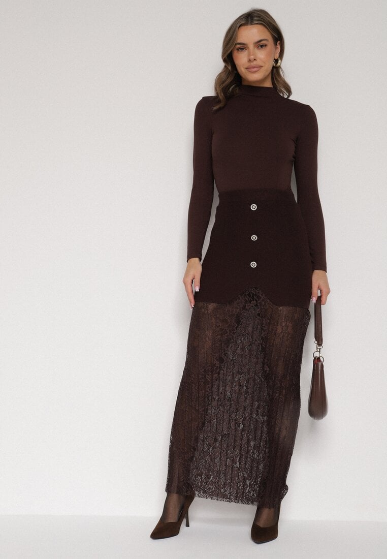 Brązowa Dzianinowa Spódnica z Wiskozą Zdobiona Koronką i Guzikami Sewora