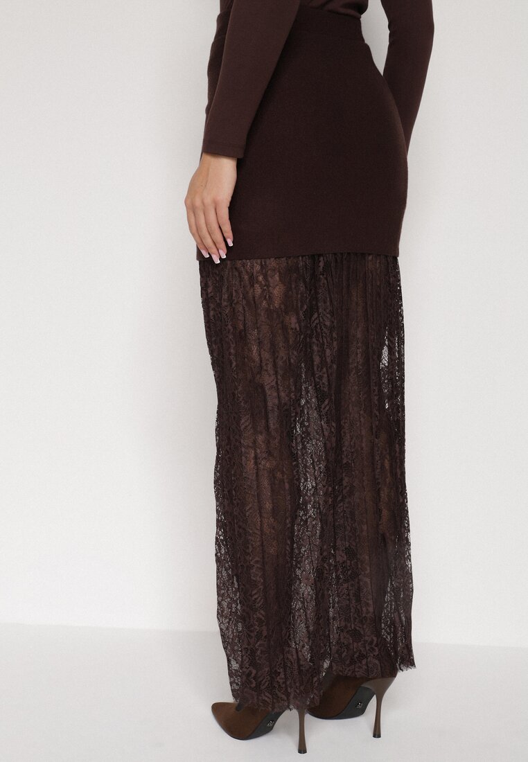 Brązowa Dzianinowa Spódnica z Wiskozą Zdobiona Koronką i Guzikami Sewora