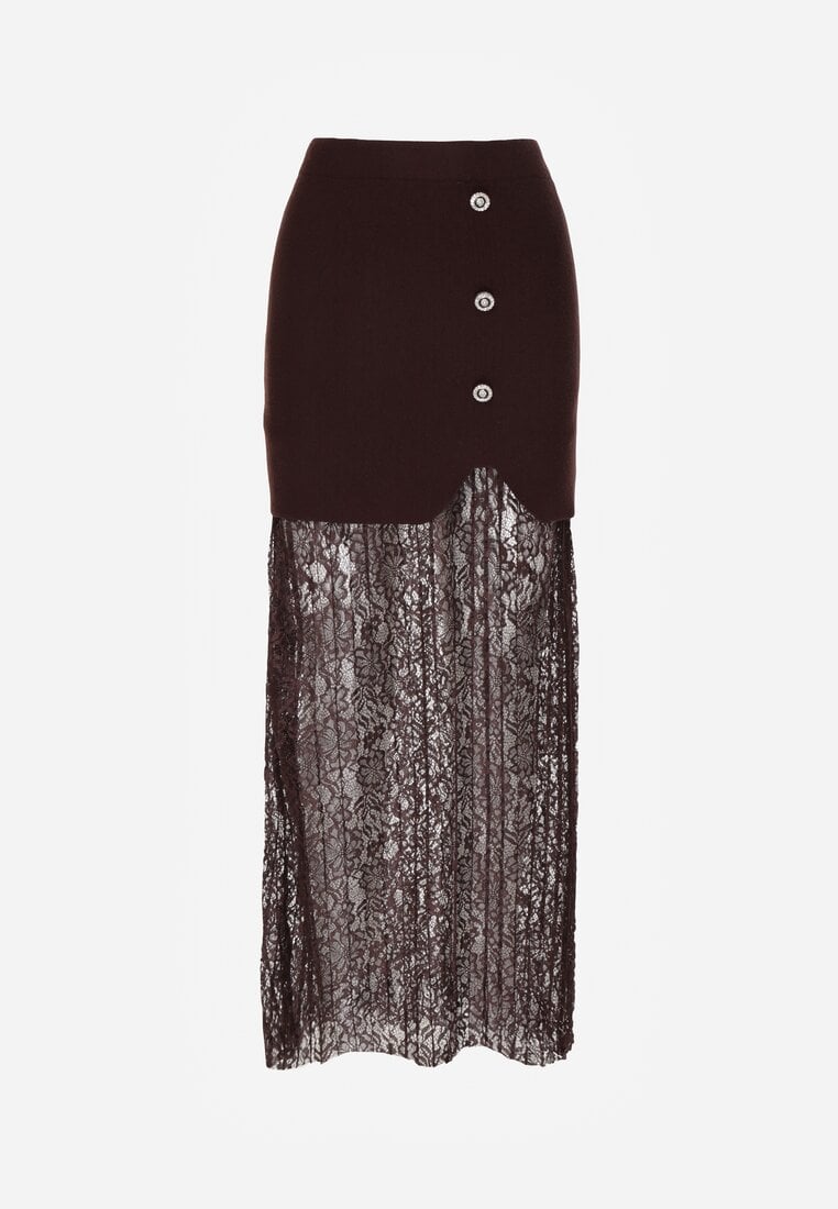 Brązowa Dzianinowa Spódnica z Wiskozą Zdobiona Koronką i Guzikami Sewora