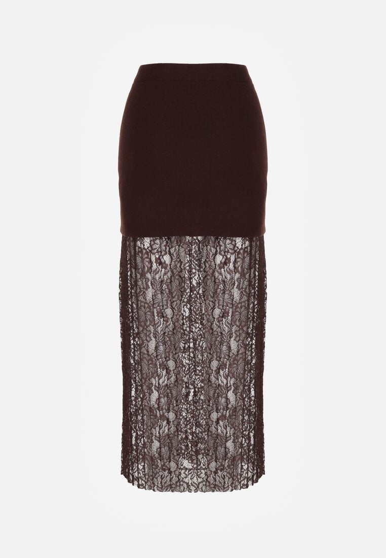 Brązowa Dzianinowa Spódnica z Wiskozą Zdobiona Koronką i Guzikami Sewora