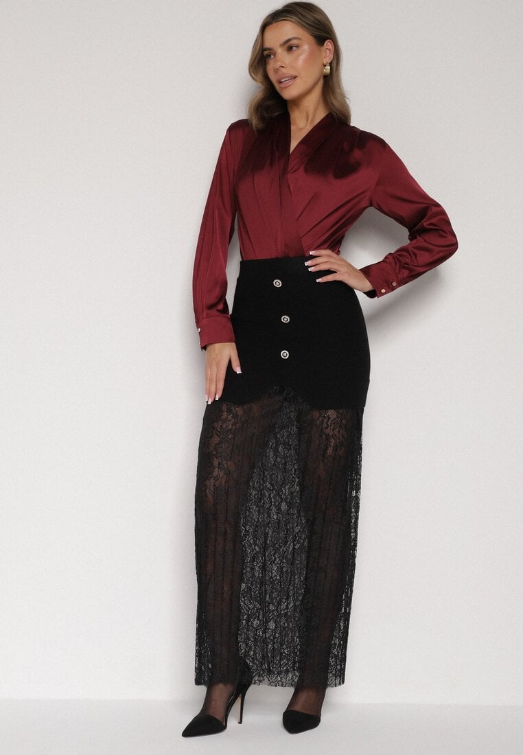 Czarna Dzianinowa Spódnica z Wiskozą Zdobiona Koronką i Guzikami Sewora