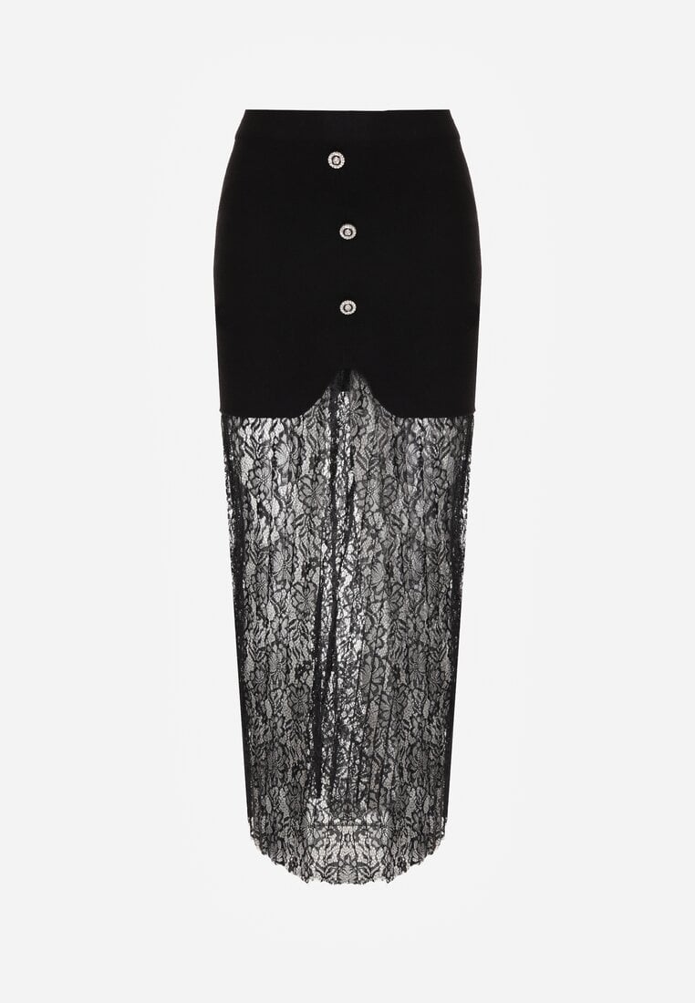 Czarna Dzianinowa Spódnica z Wiskozą Zdobiona Koronką i Guzikami Sewora