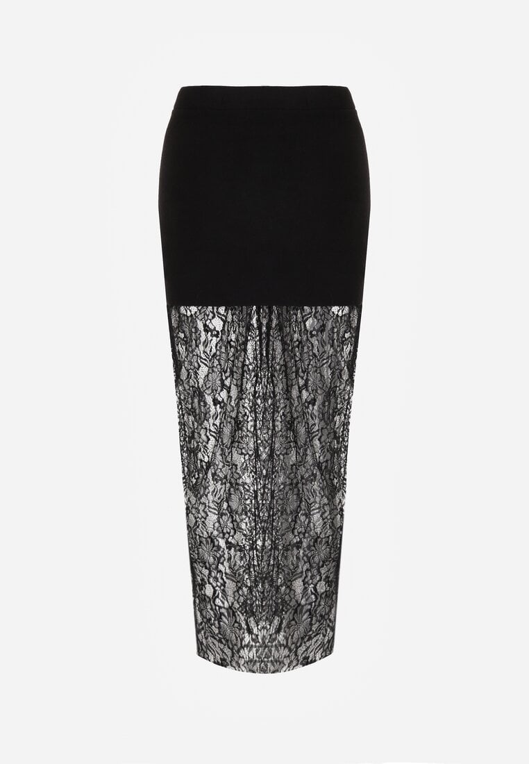 Czarna Dzianinowa Spódnica z Wiskozą Zdobiona Koronką i Guzikami Sewora