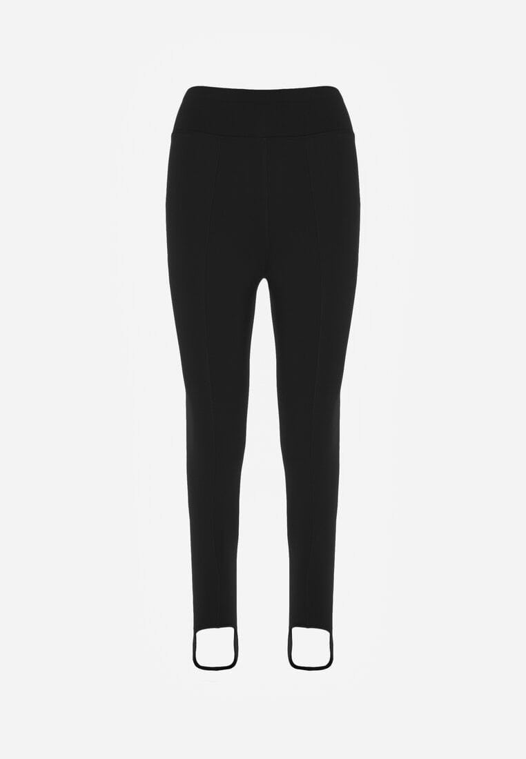Czarne Gładkie Legginsy z Wysokim Stanem i Zapiętkami Ferisanna