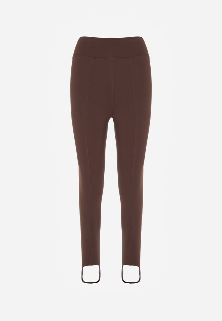 Brązowe Gładkie Legginsy z Wysokim Stanem i Zapiętkami Ferisanna