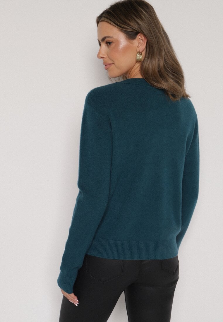 Niebieski Sweter z Wiskozą i Wełną z Dekoltem w Serek Claida