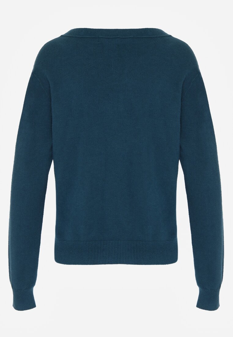 Niebieski Sweter z Wiskozą i Wełną z Dekoltem w Serek Claida