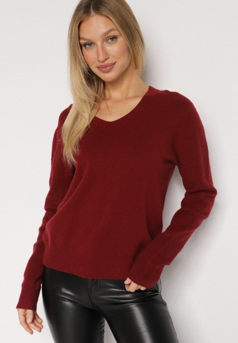 Bordowy Sweter z Wiskozą i Wełną z Dekoltem w Serek Claida
