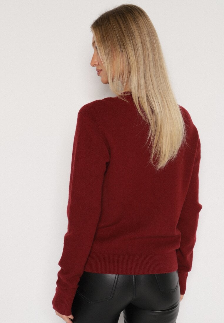 Bordowy Sweter z Wiskozą i Wełną z Dekoltem w Serek Claida