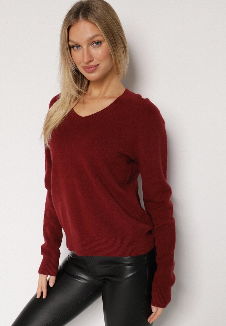 Bordowy Sweter z Wiskozą i Wełną z Dekoltem w Serek Claida