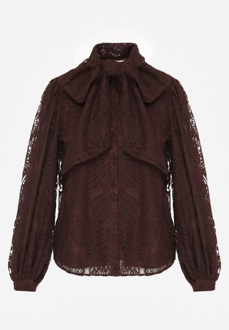 Brązowa Koronkowa Koszula z Bufiastymi Rękawami i Kokardą przy Dekolcie Sewane