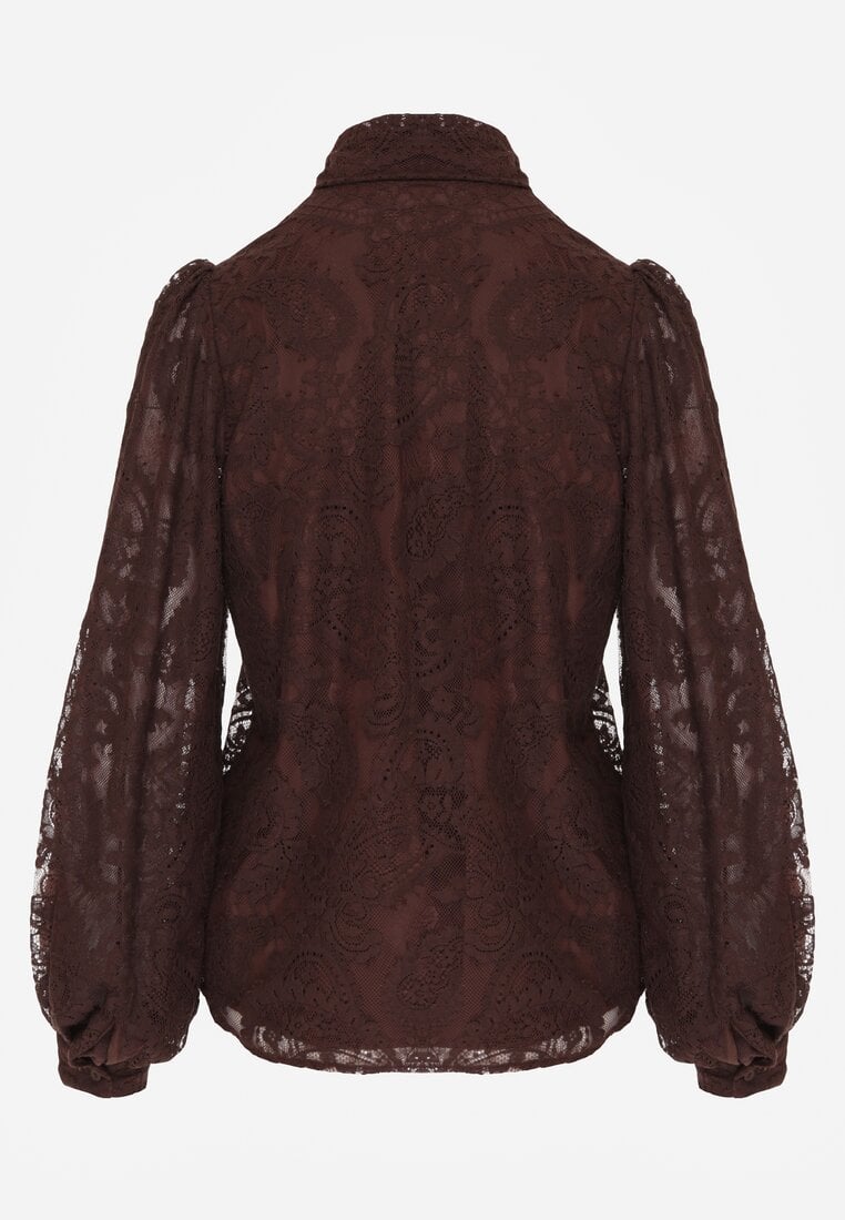 Brązowa Koronkowa Koszula z Bufiastymi Rękawami i Kokardą przy Dekolcie Sewane