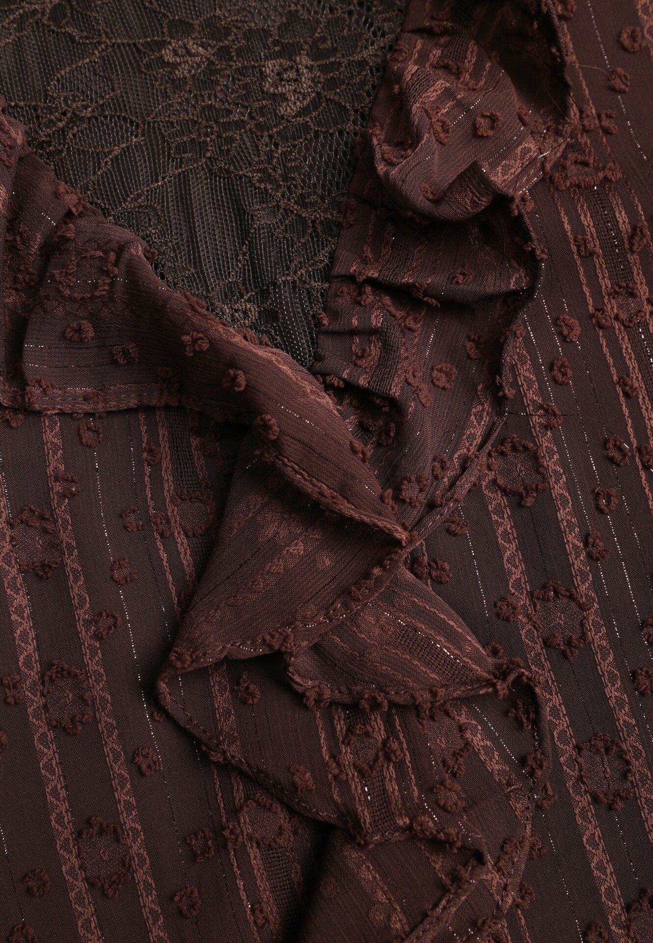 Brązowa Bluzka Zdobiona Koronką Falbankami i Metaliczną Nicią Feralea