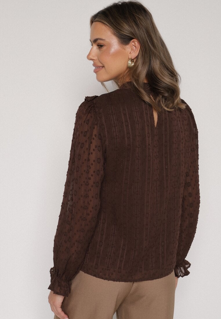 Brązowa Bluzka Zdobiona Koronką Falbankami i Metaliczną Nicią Feralea