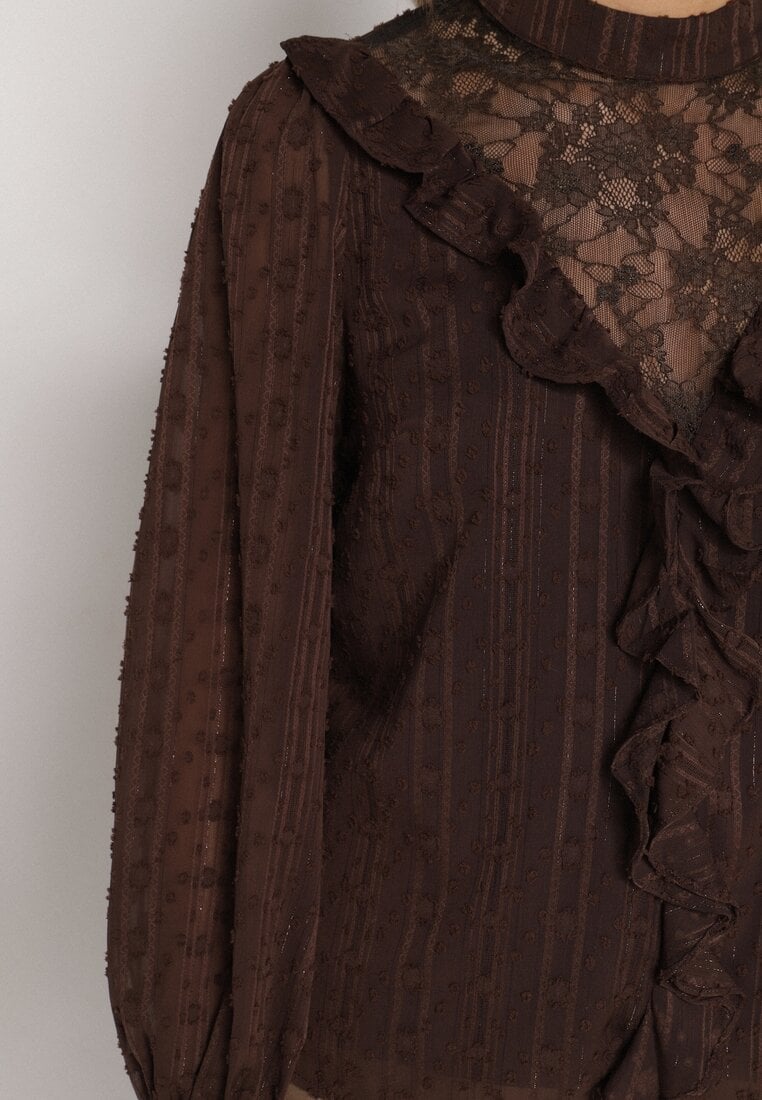 Brązowa Bluzka Zdobiona Koronką Falbankami i Metaliczną Nicią Feralea
