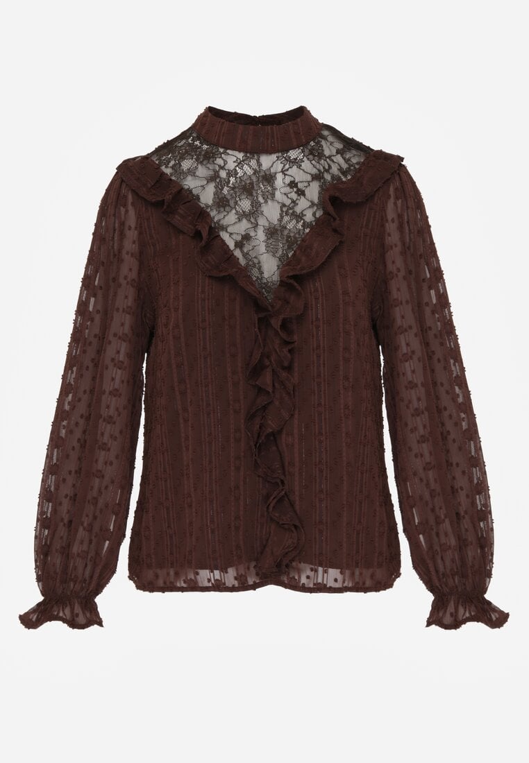 Brązowa Bluzka Zdobiona Koronką Falbankami i Metaliczną Nicią Feralea