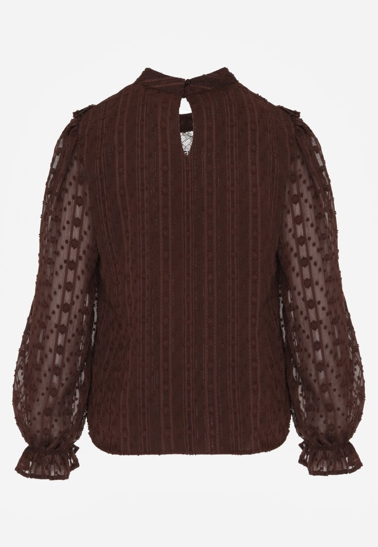 Brązowa Bluzka Zdobiona Koronką Falbankami i Metaliczną Nicią Feralea