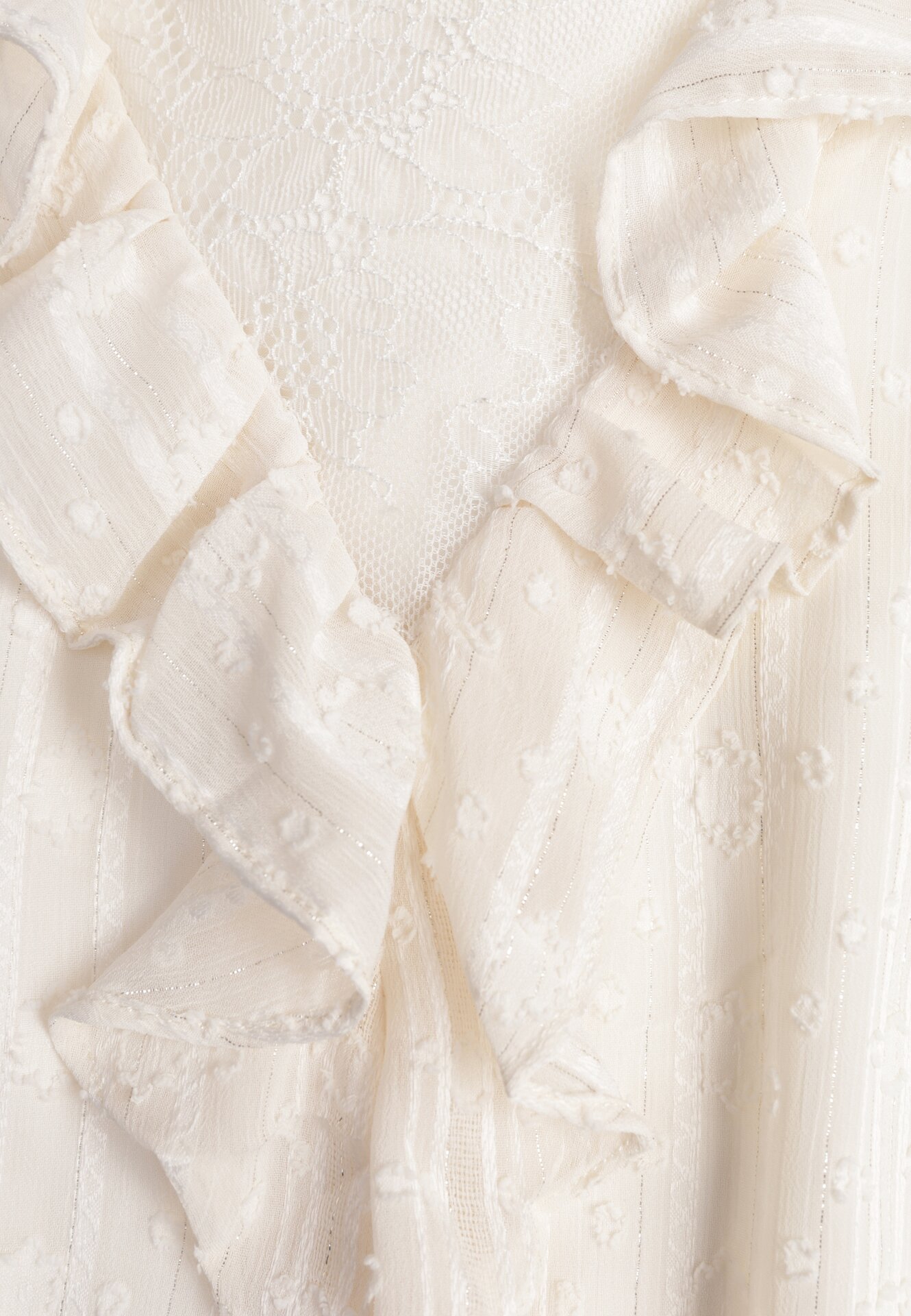 Beżowa Bluzka Zdobiona Koronką Falbankami i Metaliczną Nicią Feralea