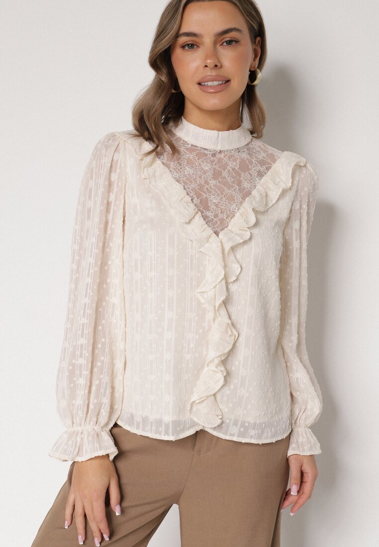 Beżowa Bluzka Zdobiona Koronką Falbankami i Metaliczną Nicią Feralea