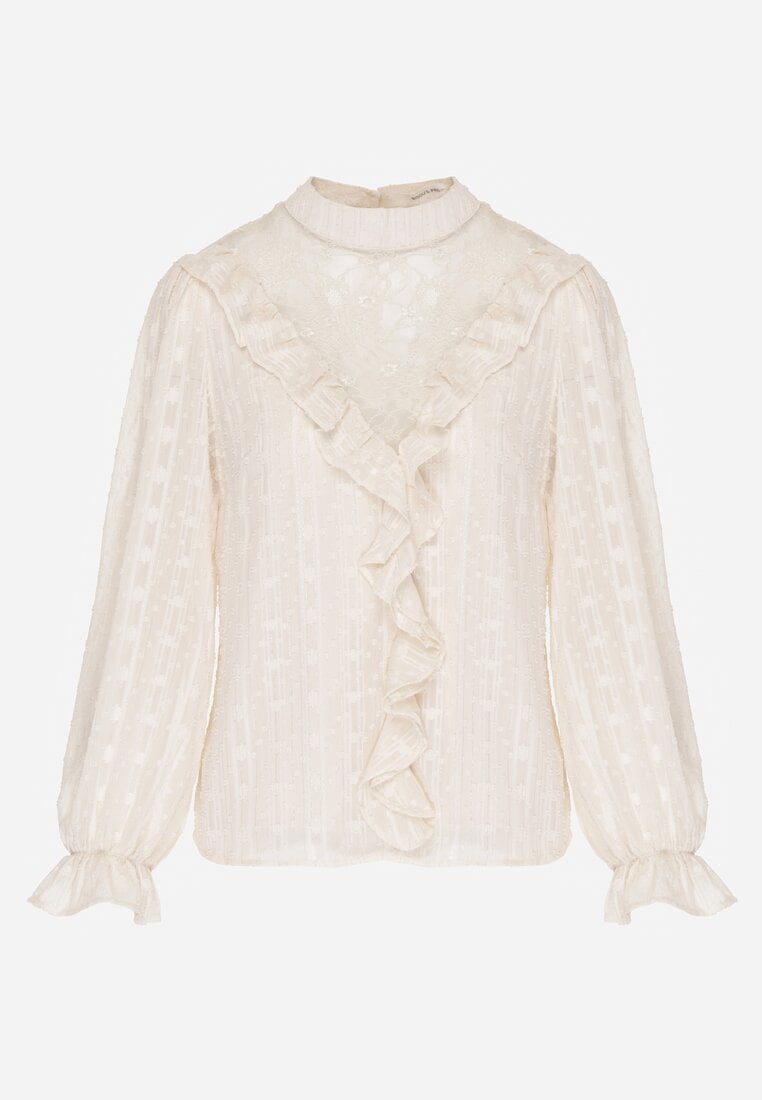 Beżowa Bluzka Zdobiona Koronką Falbankami i Metaliczną Nicią Feralea