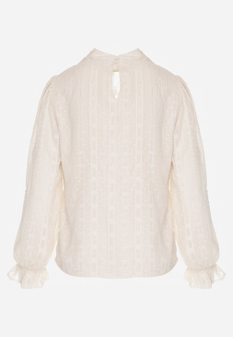 Beżowa Bluzka Zdobiona Koronką Falbankami i Metaliczną Nicią Feralea