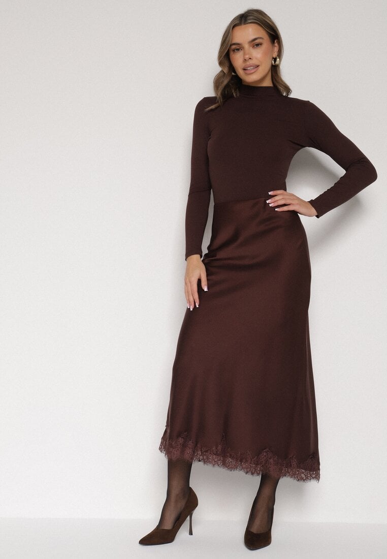 Brązowa Satynowa Spódnica z Koronkowym Zdobieniem Silfera