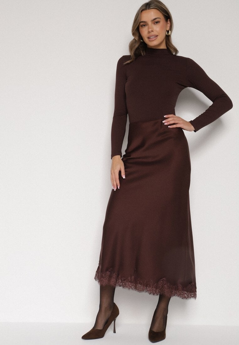 Brązowa Satynowa Spódnica z Koronkowym Zdobieniem Silfera