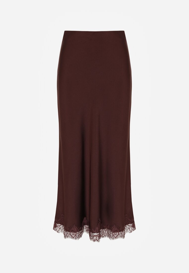 Brązowa Satynowa Spódnica z Koronkowym Zdobieniem Silfera