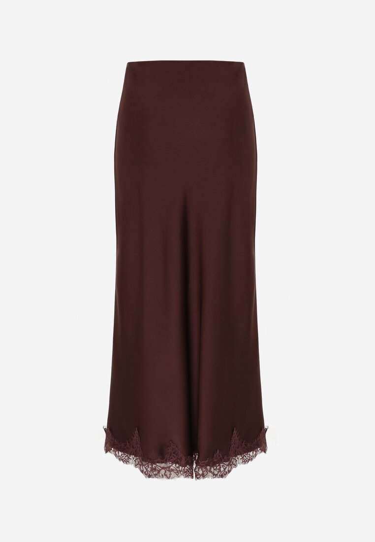 Brązowa Satynowa Spódnica z Koronkowym Zdobieniem Silfera