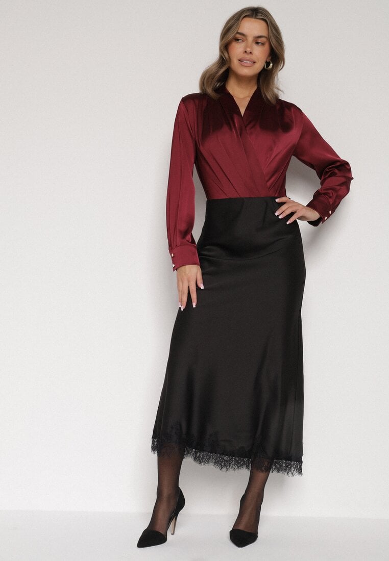 Czarna Satynowa Spódnica z Koronkowym Zdobieniem Silfera