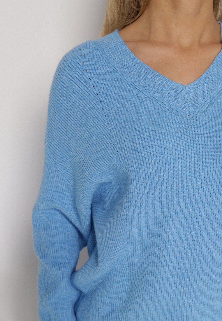 Niebieski Sweter z Domieszką Kaszmiru z Dekoltem w Serek Feralaine