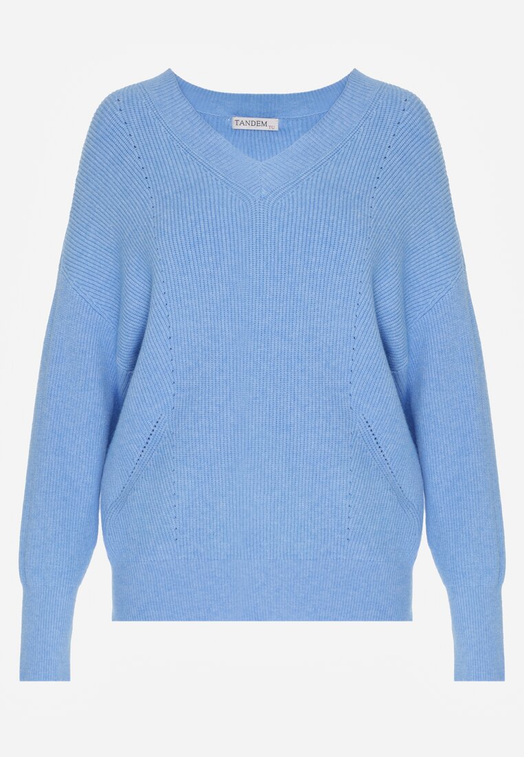 Niebieski Sweter z Domieszką Kaszmiru z Dekoltem w Serek Feralaine